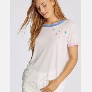 Wildfox Blanket Stitch Ringer Tee Stars Graphic Design NEW Size Large